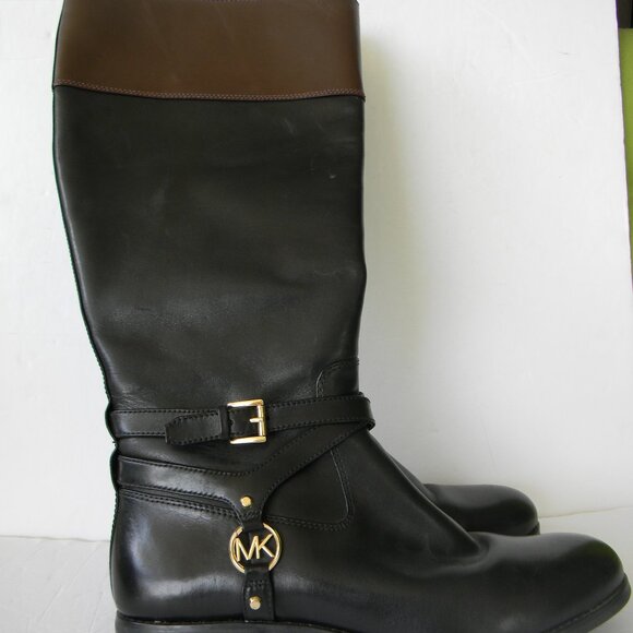 MICHAEL KORS HARLAND BLACK/BROWN LEATHER TALL RIDING BOOTS LOGO SZ 10M - Picture 1 of 12